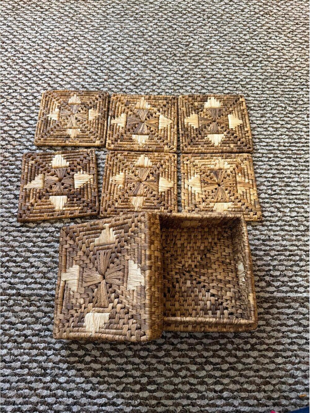 Vintage Set of 6 Rectangle Woven Mat Wicker Coasters Brown Rattan Natural Decor